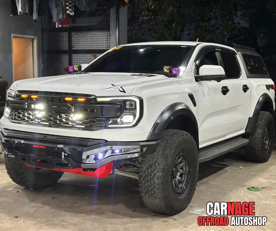Ford Ranger Raptor with Armando steel bumper, LED bar, and spotlights