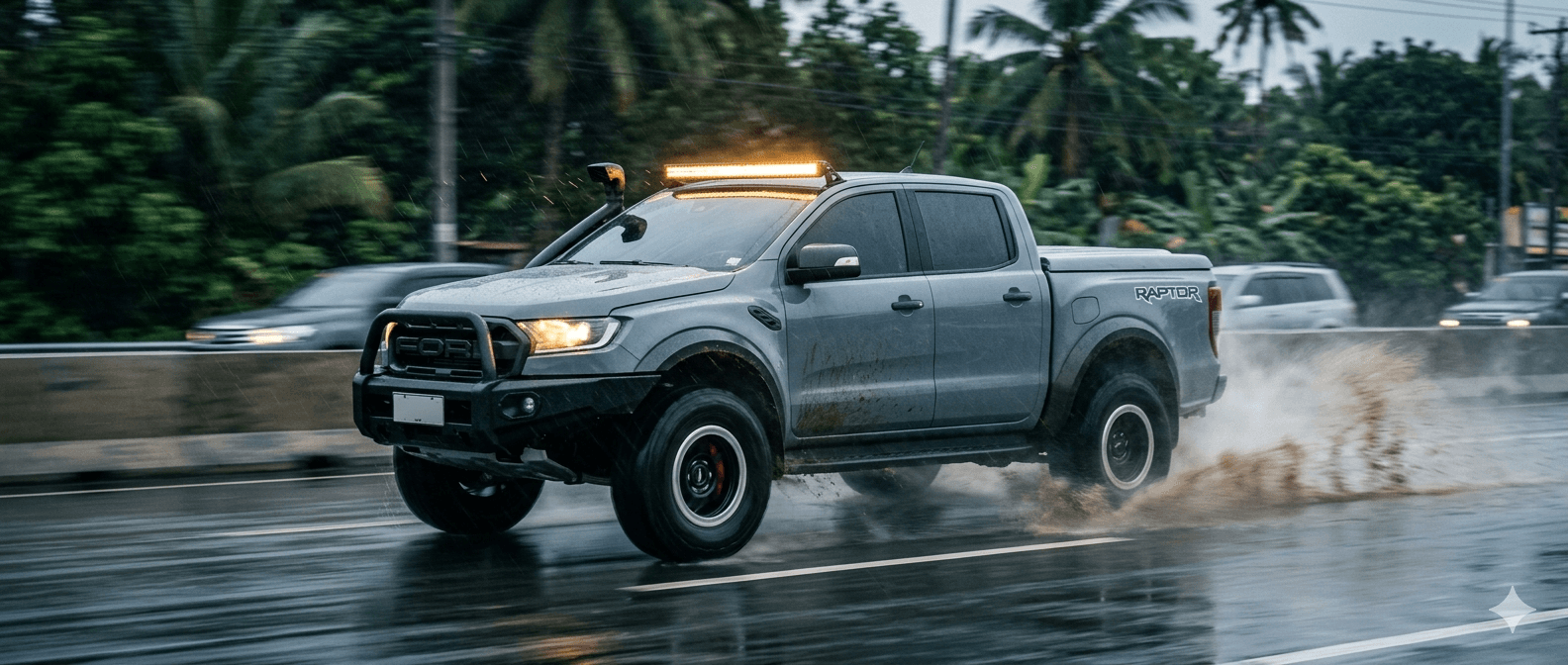 Lifted Ford Ranger in motion through a wet PH road — moving fast